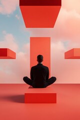 Poster - Surreal Tech Meditation Spaces Male Figure in Modern Red Architecture with Sky Elements - Mindfulness Digital Detox in Professional Environments and Tech Wellness