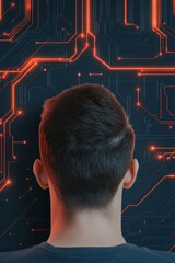 Poster - Futuristic Mindfulness Concept Man in High-Tech Circuitry and Digital Flows - Commercial Tech Art for Mindful Balance and Innovation in Mental Wellness