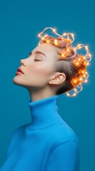 Poster - Futuristic Creative Expression Surreal Woman with Light Bulb Hair on Blue - Modern Tech Artistry Visuals for Innovative Advertising and Creative Industries