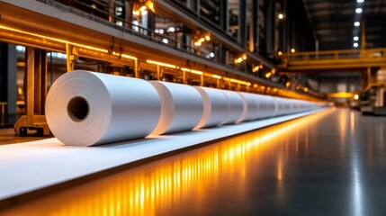 Aufkleber - Paper rolls moving on conveyor belt in modern paper mill factory