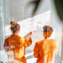 Poster - Modern Creative Collaboration Entrepreneurs Ideation with Whiteboard Sketches in Cozy Startup Workspace - Inspiring Business Innovation and Digital Strategy Development
