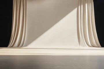 Poster - Moody Stage Design Luxurious Heavy Drapes with Wooden Floors and Dramatic Lighting for Theatrical Productions - Enhancing Atmosphere and Anticipation in Performing Arts Spaces