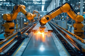 Leinwandbilder - robotic arms welding metal on automated assembly line in factory