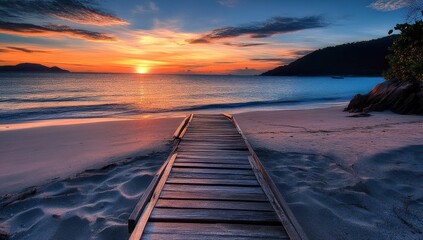 Wall Mural - Wooden walkway leads to a serene beach at sunset.