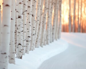 Aufkleber - Serene Birch Forest Snow Path Contemporary Tranquility Visual for Seasonal Marketing and Nature Retreat Promotions in Winter Landscape
