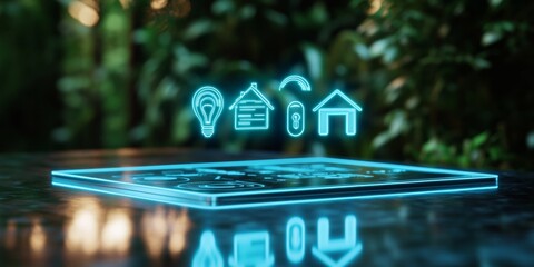 Fototapete - Futuristic Smart Home Controls Holographic Icons Above Glossy Countertop for IoT-Integrated Kitchen Automation Modern Living and Tech-Driven Home Efficiency
