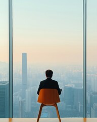 Aufkleber - Futuristic Urban Workspace Korean Businessman, 40, Overlooking Cityscape from Contemporary Office with Smart Home Connectivity - Modern Security and Digital Efficiency in Business Design