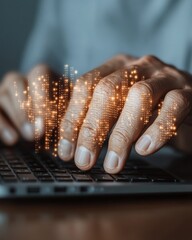 Aufkleber - Tech-Inspired Remote Workspace Hands Typing on Sleek Laptop with Digital Interface Overlay - Enhancing Virtual Communication and Flexibility in Modern Work Settings