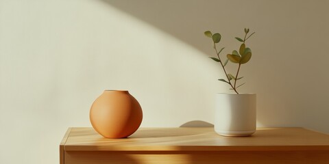 Poster - Minimalist Home Office Decor Ceramic Vase with Plant on Oak Desk - Modern Workspace Design for Professional Mindfulness and Eco-Friendly Office Aesthetics