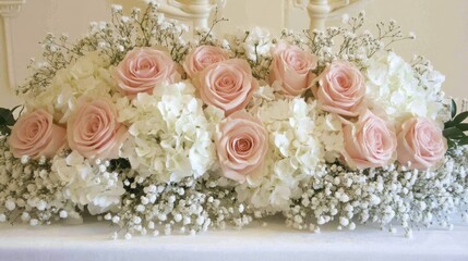 Canvas Print - Blush pink roses and white hydrangeas with baby's breath create an elegant wedding centerpiece for a romantic ceremony.