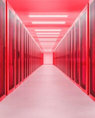 Leinwandbilder - Neon Data Center Design Sleek Red Server Racks and Bright Lighting for Cutting-Edge Business Cybersecurity - Advanced Network Infrastructure Solutions in Tech-Driven Spaces