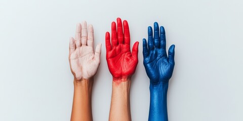 Aufkleber - Vibrant Unity Art Diverse Hands Painted in American Flag Colors - Symbolic Imagery for Cultural Awareness and Social Campaigns in Digital Marketing