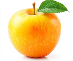 Poster - Ripe yellow apple with leaf isolated on white.
