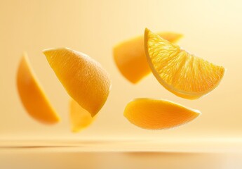 Poster - Five orange slices levitate against a pale yellow background.