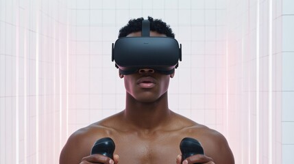 Fototapete - Immersive VR Focus Black Man, 30, in Sleek Headset Engaged in Cognitive Training - Modern Workspace and Digital Brain Exercise for Business Innovation