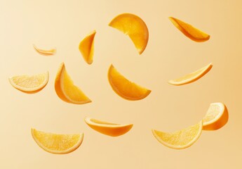 Poster - Floating orange slices on a pastel background.