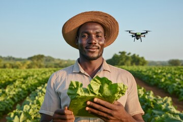 Poster - Agritech Innovation in Lush Farming Young Black Farmer with Tablet and Drone in Sustainable Field - Empowering Modern Agriculture and Smart Crop Management