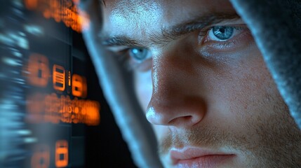 Poster - Intense Focus of a Young Man Analyzing Digital Data in a Dark Space with Glowing Tech Interface