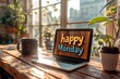 © Lubos Chlubny - Laptop showing happy monday message on wooden desk with coffee mug and plants