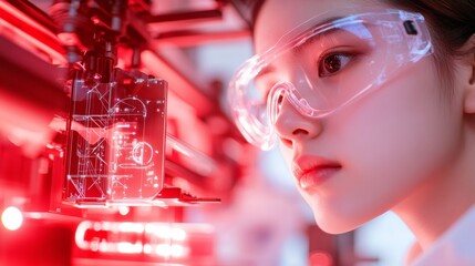 Poster - High-Tech Innovation Asian Female Engineer (25) Calibrating Advanced Printer in LED-Lit LabDigital Precision for Tech Industry and Future Manufacturing