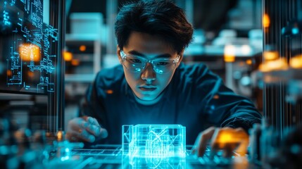 Fototapete - Futuristic Tech Lab Aesthetic Young East Asian Engineer (25) Calibrating Printer - AI-Driven Manufacturing with Holographic Schematics for Advanced Product Prototyping