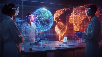 Poster - Holographic Connectivity in Virtual Labs Scientists in Digital Workspace with Glowing Globe Interfaces - Future Tech for Global Collaboration and Innovation