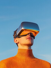 Aufkleber - Retro-Futuristic VR Experience Young Man in Textured Orange Sweater Explores Immersive Blue-Sky Simulation - Next-Gen Entertainment Design for Future-Ready Marketing