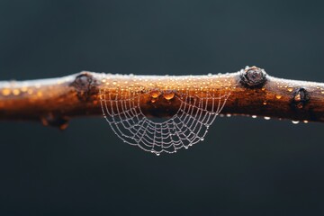 Poster - Eco-Artistry in Nature Dew-Kissed Spider Web on Branch - Visual Aesthetics for Environmental Awareness and Climate Monitoring Innovations