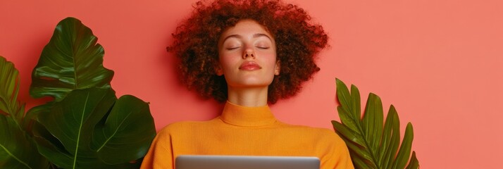 Leinwandbilder - Contemporary Freelance Creativity Woman Relaxing with Laptop Among Lush Plants in Warm Amber Light - Modern Remote Work Solutions and Wellness for Creative Industries