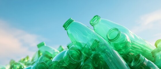 Poster - Eco-Chic Recycling Imagery Translucent Emerald Bottles Against Sky - Sustainable Packaging and Circular Economy Content for Green Manufacturing Innovation