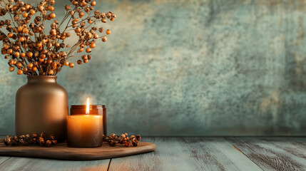 Poster - A serene still life featuring a candle, a decorative vase with dried flowers, and a textured background, evoking a warm and cozy atmosphere