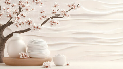 Aufkleber - A serene arrangement featuring a decorative tree with blossoms, minimalist vases on a wooden tray, and a textured white background