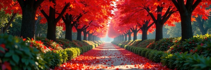 Wall Mural - Cozy walkway under a canopy of red maple leaves, leaves, path