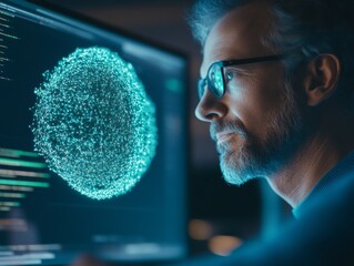 Poster - Futuristic Cybersecurity Analysis IT Professional Examining Digital Code with Luminescent Lock Overlay - Secure Software Development for Tech Innovation and Business Protection