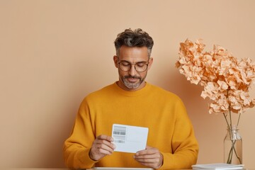 Poster - Modern Financial Tech for Professionals Middle-Aged Man in Trendy Home Office Using Smartphone for Expense Tracking, Featuring Sustainable Decor and Smart Devices