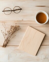 Poster - Scandinavian Learning Workspace Minimalist Wooden Notebook with Tea and Glasses on Oak Desk - Calm Educational Content and Mindful Teaching Supplies