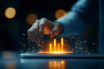 Poster - Hand Gesturing Over Glowing Data Visualization with Bright Bars and Sparkles for Digital Analysis
