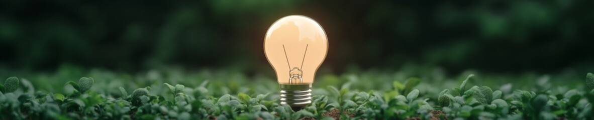 Poster - Eco-Aesthetic Innovation Illuminated Light Bulb Emerging from Nutrient-Rich Soil with Plant Sprouts on Lush Green Backdrop - Sustainable Design for Energy Solutions in Eco-Conscious Industries