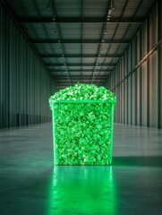 Poster - Neon Green Recycling Bin Overflowing with E-Waste in Industrial Warehouse - Sustainable Tech Content and Innovative Waste Management Solutions for Eco-Conscious Industries