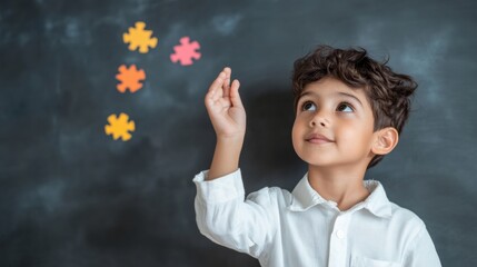 Aufkleber - Interactive Classroom Engagement Indian Boy Solving Colorful Puzzle on Digital Whiteboard - EdTech Innovation for Modern Child Learning Environments