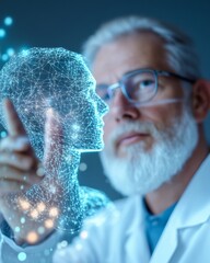 Poster - Futuristic AI Showcase Senior Male Scientist in High-Tech Lab with Digital Holograph - Leading Innovation and Business Strategy for Cutting-Edge Industry Solutions