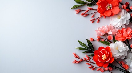 Wall Mural - Elegant Floral Arrangement with Red, White, and Pink Blossoms on Grey Background