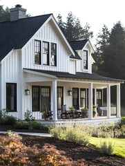 Wall Mural - A modern farmhouse with white board-and-batten siding, black window frames, and a wraparound porch.