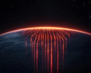 Leinwandbilder - Futuristic Digital Horizon Neon Data Streams Over Global Landscape for Tech Innovation and AI Application Virtual Reality Interface and Smart City Development