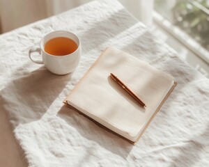 Poster - Contemporary Cozy Workspace Minimalist Linen Cover Notebook with Pen and Tea - Enhancing Productivity in Modern Offices and Calming Work-from-Home Environments