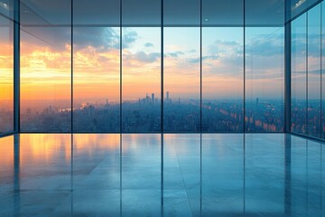 Aufkleber - Minimalist Office Interior with Panoramic Glass Windows and Natural Light in Spacious Bright Hall