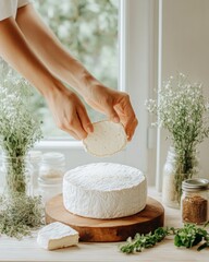 Canvas Print - Natural Craftsmanship Delight Artisanal Cheese in Rustic Setting with Wooden Accents and Herbs Elevating Local Cuisine and Culinary Experiences