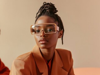 Poster - Futuristic XR Collaboration Afrocentric Young Professional in Smart Glasses Innovating Virtual Design - Tech-Driven Workspace Efficiency and Diverse Modern Teamwork