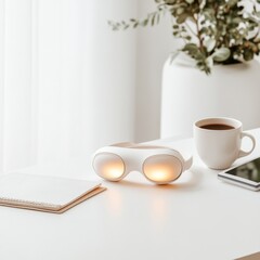 Fototapete - Futuristic Home Office Warmly Lit Desk with VR Controllers, Notebook, Coffee and Tablet - Interactive XR for Modern Digital Collaboration and Immersive Workspaces