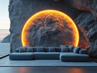 Aufkleber - Modern Living Room with Blue Sofa and Glowing Circular Art on Textured Rock Wall